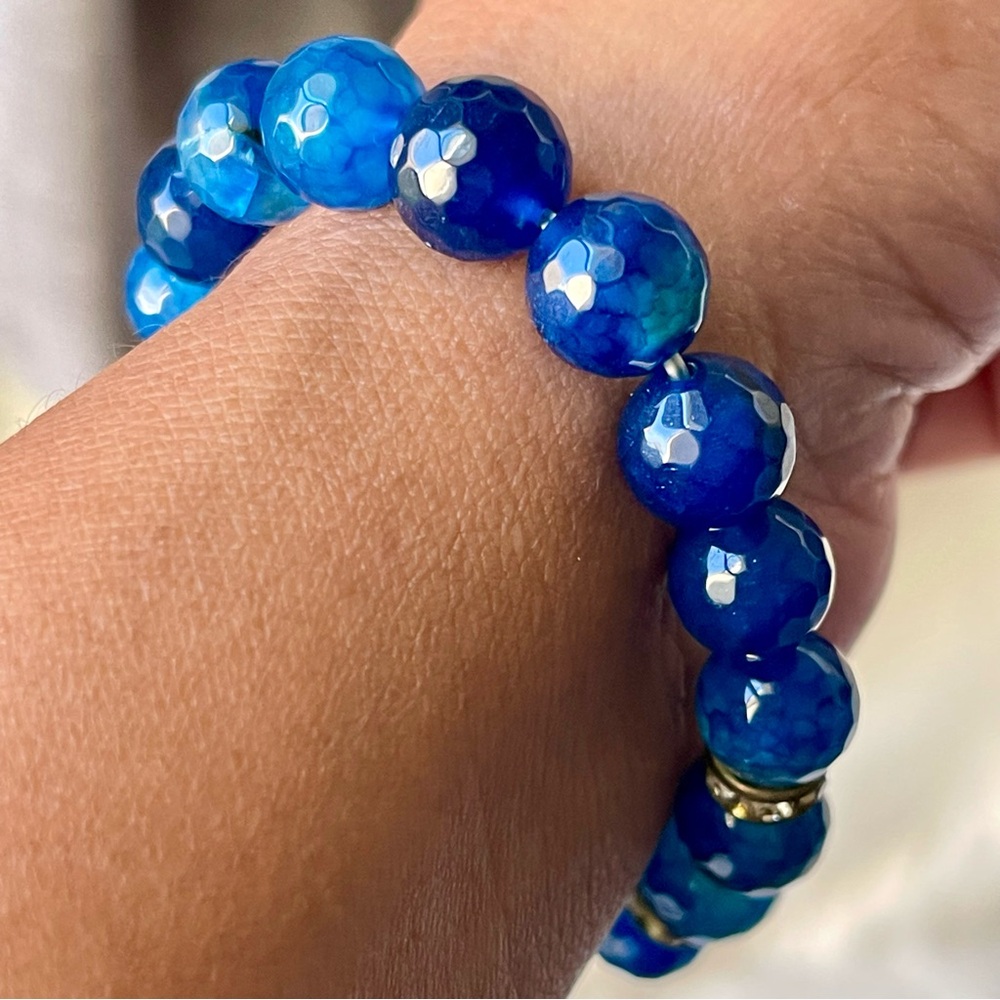 Blue Faceted Beads with Rondell Stretchy Bracelet